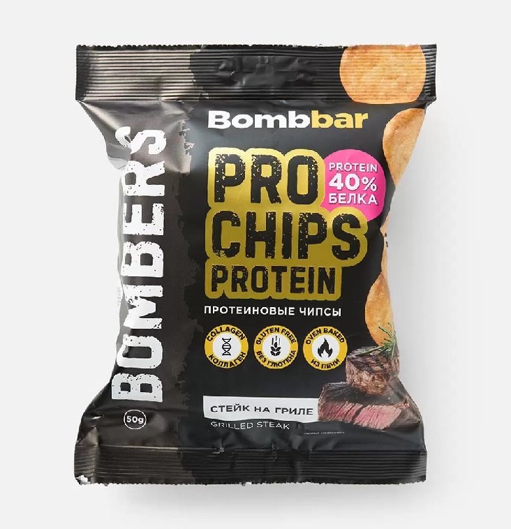 BOMBBAR Чипсы цельнозерновые протеиновые 50 г (Стейк на гриле)